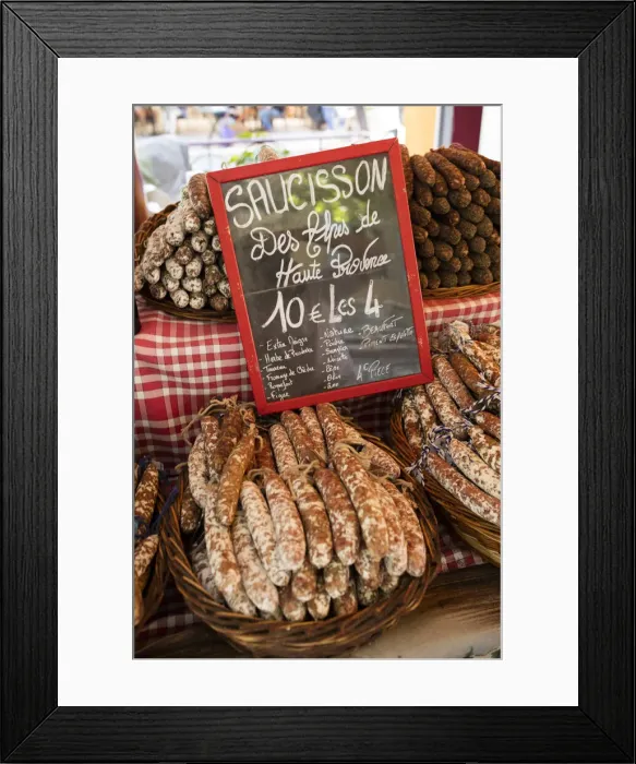 Framed Print : Sausages at a market in Valensole, Provence, France Framed Print : Sausages at a market in Valensole, Provence, France