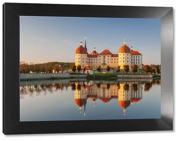 Moritzburg Castle, water reflection in the lake, Saxony, Germany, Europe