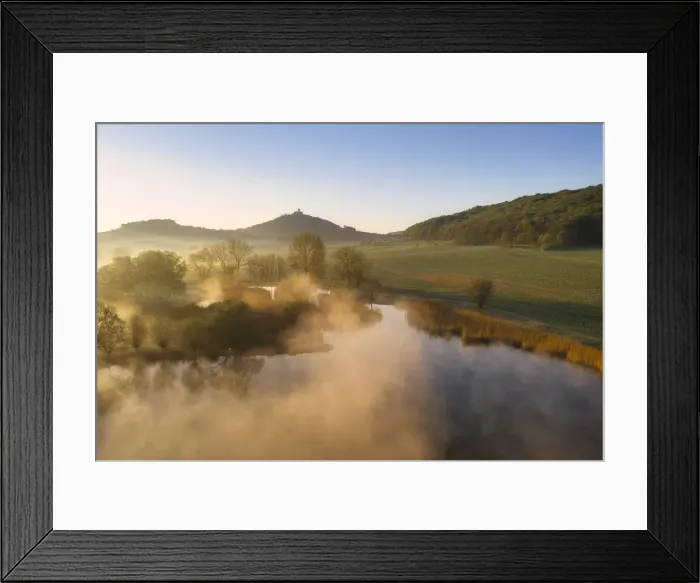 Framed Print : Morning mist over pond with Wachsenburg castle in the background Framed Print : Morning mist over pond with Wachsenburg castle in the background