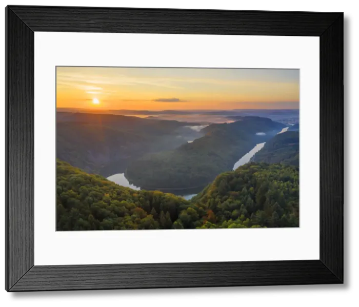Framed Print : Aerial view on the sunrise at the Grand Saar horseshoe bend, Orscholz, Saarland, Germany Framed Print : Aerial view on the sunrise at the Grand Saar horseshoe bend, Orscholz, Saarland, Germany