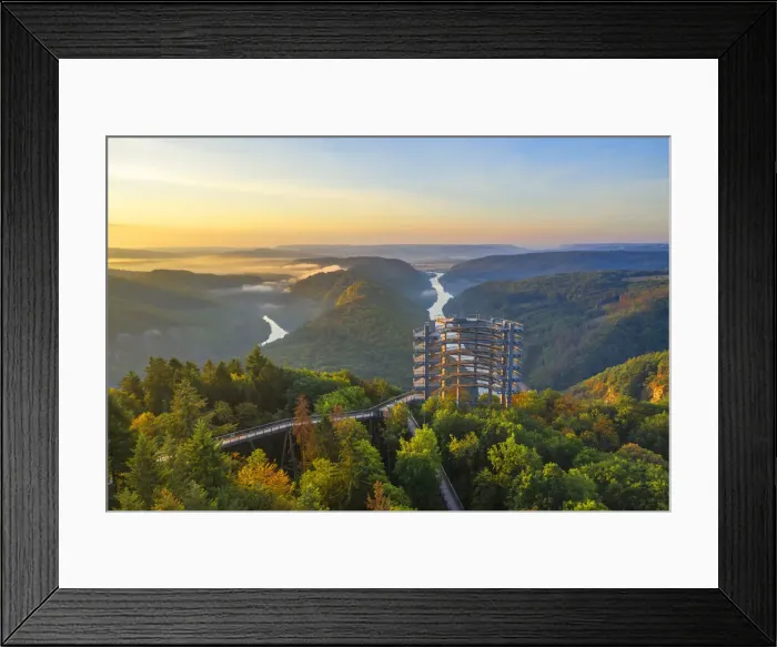 Framed Print : Aerial view on the sunrise above the Baumwipfelpfad, treetop walk at the Grand Saar Framed Print : Aerial view on the sunrise above the Baumwipfelpfad, treetop walk at the Grand Saar