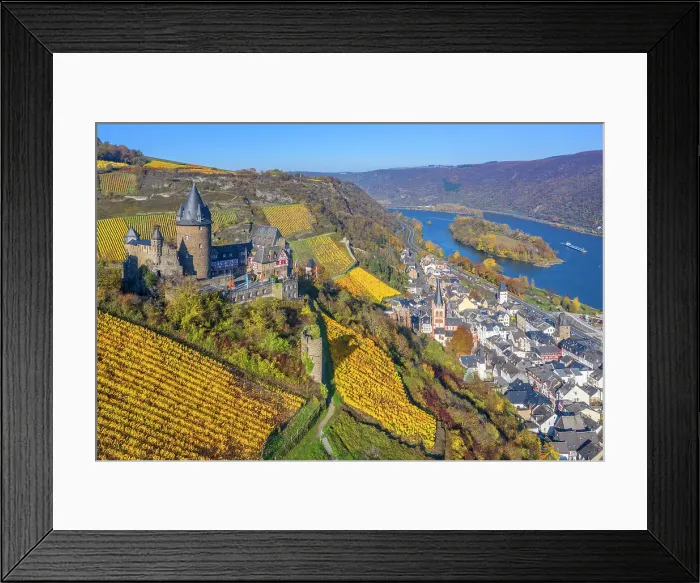 Framed Print : Aerial view at the Stahleck castle with Bacharach, Rhine valley, Rhineland-Palatinate Framed Print : Aerial view at the Stahleck castle with Bacharach, Rhine valley, Rhineland-Palatinate