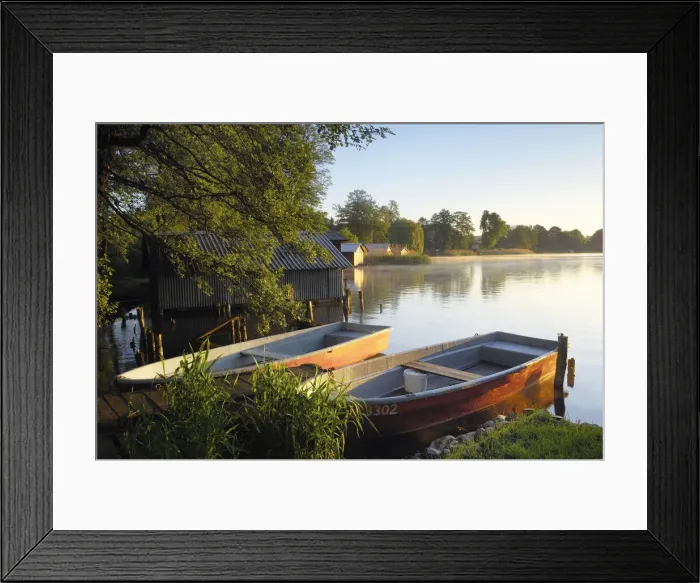Framed Print : Boats at Lake Haussee at sunrise, Feldberg, Feldberger Seenlandschaft Framed Print : Boats at Lake Haussee at sunrise, Feldberg, Feldberger Seenlandschaft