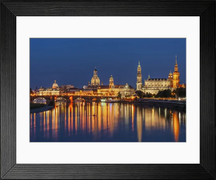 Framed Print : Skyline of Dresden at dusk with Bruehl's Terrace, Academy of Fine Arts, Church of Our Lady, Court Church and river Elbe, Dresden, Saxony, Germany Framed Print : Skyline of Dresden at dusk with Bruehl's Terrace, Academy of Fine Arts, Church of Our Lady, Court Church and river Elbe, Dresden, Saxony, Germany