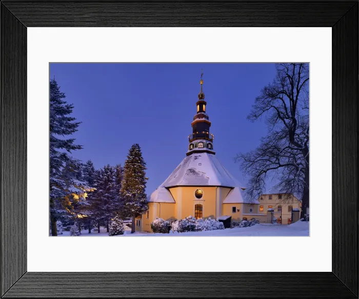 Framed Print : Church in Seiffen at dawn, winter, Seiffen, Ore Mountains, Saxony, Germany, Europe
