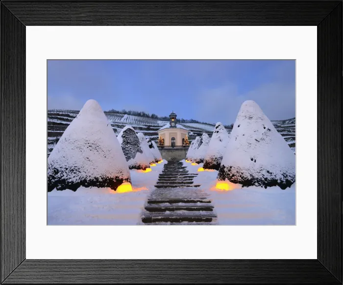 Framed Print : Belvedere and Garden of Wackerbarth Castle in Winter, saxon wine route, Radebeul, Saxony Framed Print : Belvedere and Garden of Wackerbarth Castle in Winter, saxon wine route, Radebeul, Saxony