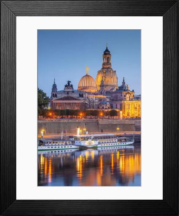 Framed Print : Skyline of Dresden at dusk with Bruehl's Terrace, Academy of Fine Arts, Church of Our Lady, and paddle steamer on river Elbe, Dresden, Saxony, Germany Framed Print : Skyline of Dresden at dusk with Bruehl's Terrace, Academy of Fine Arts, Church of Our Lady, and paddle steamer on river Elbe, Dresden, Saxony, Germany
