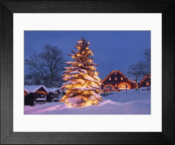 Framed Print : Christmas Tree in toy village Seiffen at dawn, winter, Seiffen, Ore Mountains, Saxony