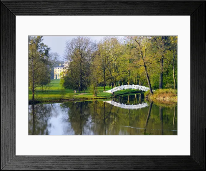 Framed Print : Woerlitzer Park, White bridge and castle in background, Dessau-Woerlitzer Gartenreich, Unesco World Heritage, Saxony-Anhalt, Germany Framed Print : Woerlitzer Park, White bridge and castle in background, Dessau-Woerlitzer Gartenreich, Unesco World Heritage, Saxony-Anhalt, Germany