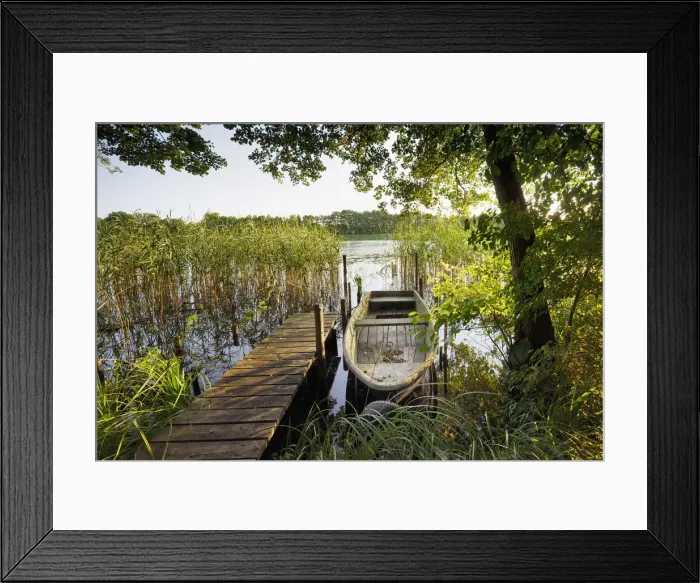 Framed Print : Wooden jetty with rowing boat on Netzowsee, Templiner Gewaesser Framed Print : Wooden jetty with rowing boat on Netzowsee, Templiner Gewaesser
