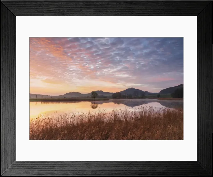 Framed Print : Morning mist over pond with Wachsenburg castle in the background Framed Print : Morning mist over pond with Wachsenburg castle in the background