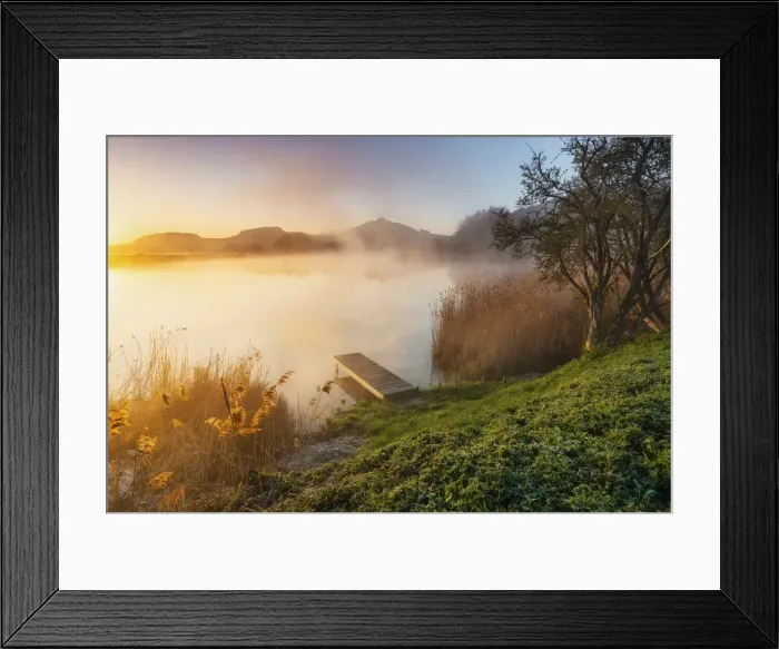 Framed Print : Morning mist over pond with Wachsenburg castle in the background Framed Print : Morning mist over pond with Wachsenburg castle in the background
