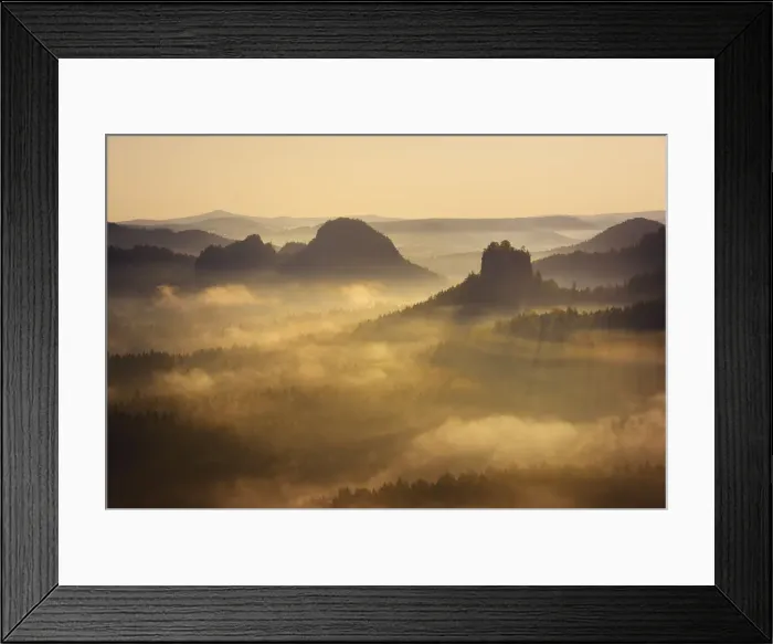 Framed Print : Morning atmosphere in the Elbe Sandstone Mountains, view of the Hintere Raubschlosz or Winterstein, fog in the valley, Saxon Switzerland National Park, Saxony, Germany, Europe Framed Print : Morning atmosphere in the Elbe Sandstone Mountains, view of the Hintere Raubschlosz or Winterstein, fog in the valley, Saxon Switzerland National Park, Saxony, Germany, Europe