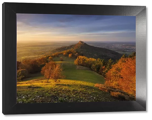 Autumn landscape, Hohenzollern Castle, dawn, hoar frost, Swabian Jura, Zollernalb, Hechingen, Baden-Wurttemberg, Germany, Europe