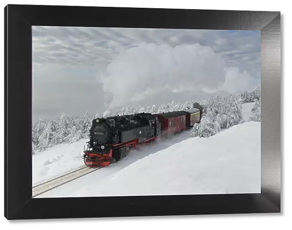 Brockenbahn on the way to the winter snow-covered Brocken, Harz, Schierke, Saxony-Anhalt