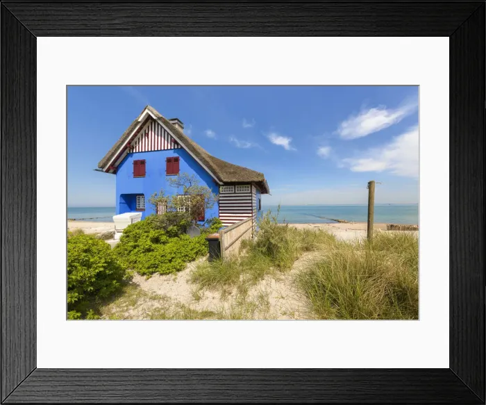 Framed Print : Blue beach house, Graswarder, Heiligenhafen, Schleswig-Holstein, Germany, Europe Framed Print : Blue beach house, Graswarder, Heiligenhafen, Schleswig-Holstein, Germany, Europe