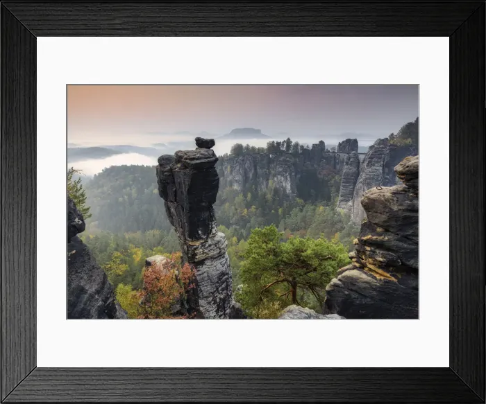 Framed Print : View of Wehlnadel (Needles and view of the Bastei rocks in the Elbe Sandstone Mountains Framed Print : View of Wehlnadel (Needles and view of the Bastei rocks in the Elbe Sandstone Mountains
