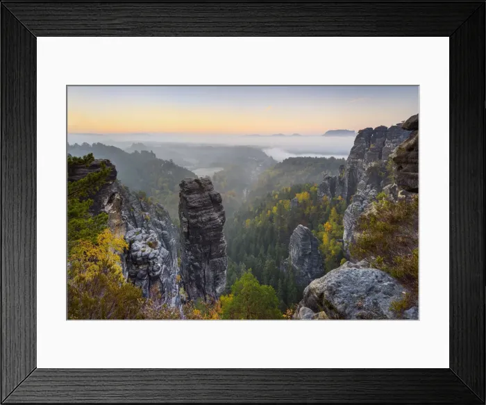Framed Print : View of the Hoellenhund rocks in the Elbe Sandstone Mountains Framed Print : View of the Hoellenhund rocks in the Elbe Sandstone Mountains
