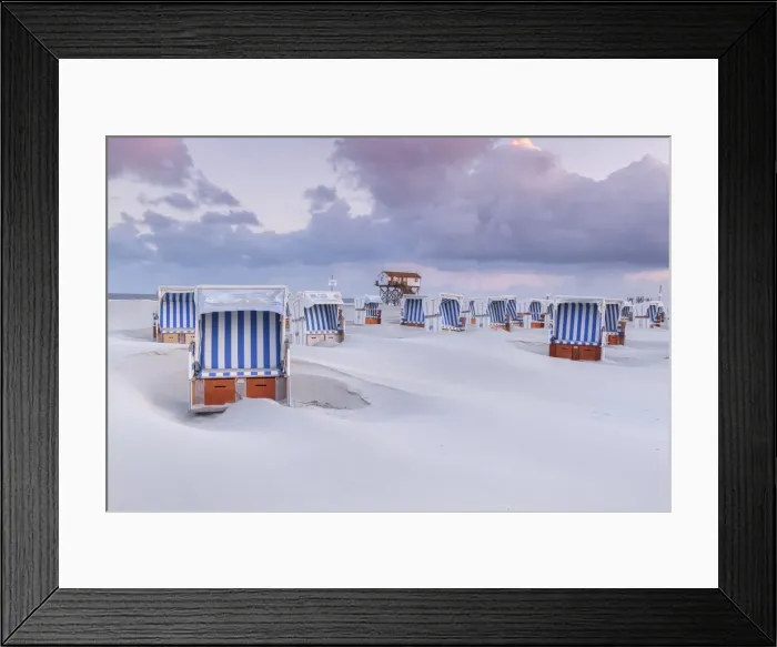 Framed Print : Stilt house and hooded beach chairs at beach, Sankt Peter-Ording, North Sea, North Frisia Framed Print : Stilt house and hooded beach chairs at beach, Sankt Peter-Ording, North Sea, North Frisia