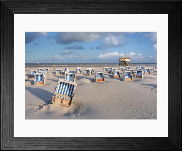 Framed Print : Beach chairs and Stilt house at beach, Sankt Peter-Ording, North Sea, North Frisia