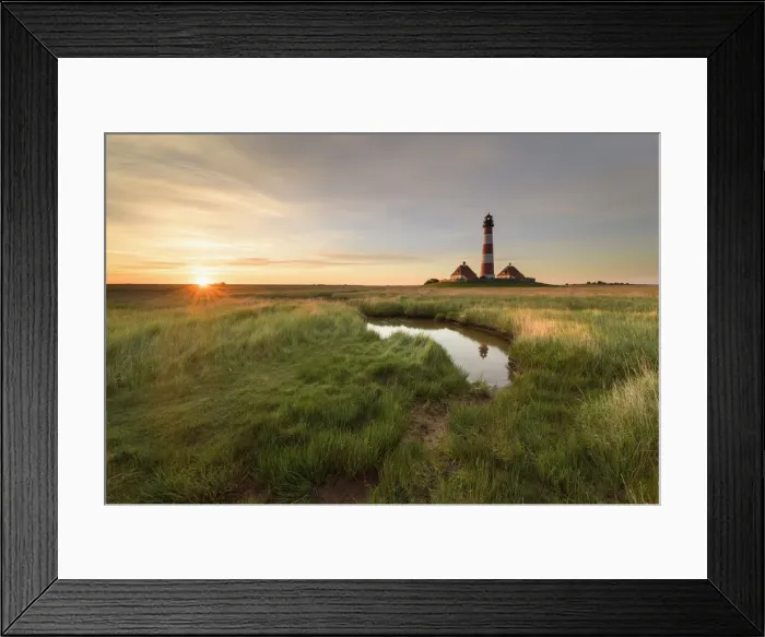 Framed Print : Lighthouse Westerhever at sunrise, Westerheversand, Schleswig-Holstein Wadden sea