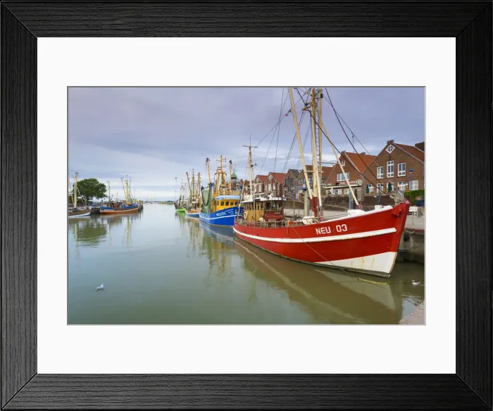 Framed Print : Shrimp cutter in the fishing harbor in Neuharlingersiel, East Frisia, North Sea