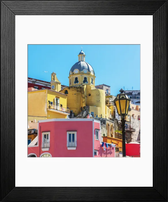 Framed Print : Europe, Italy, Campania. Marina Corricella of Procida with its characteristic church Framed Print : Europe, Italy, Campania. Marina Corricella of Procida with its characteristic church