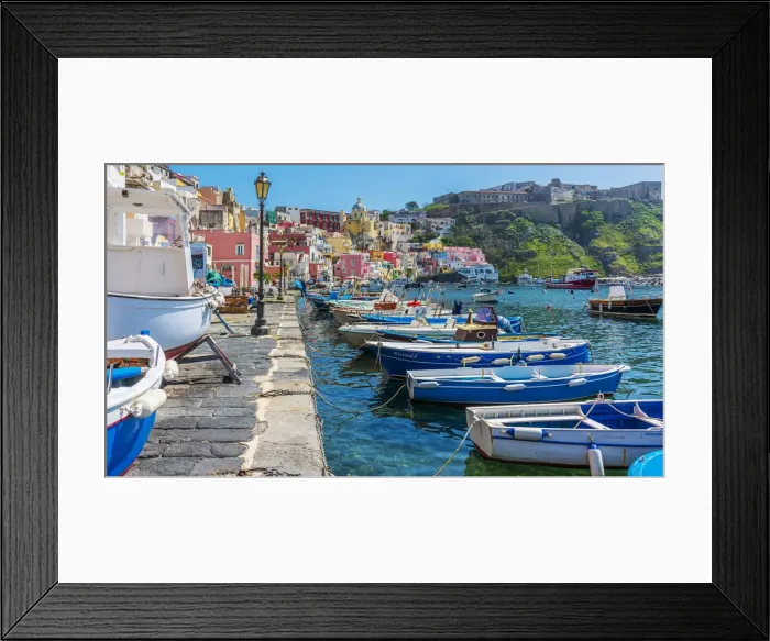 Framed Print : Europe, Italy, Campania. The characteristic little harbour of Procida with its fishing Framed Print : Europe, Italy, Campania. The characteristic little harbour of Procida with its fishing