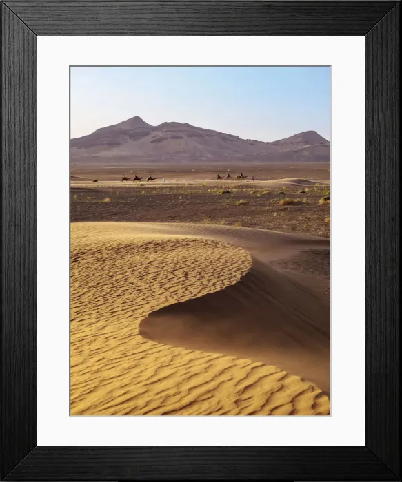 Framed Print : Zagora Desert at sunrise, camel train in the background, Draa-Tafilalet Region, Morocco Framed Print : Zagora Desert at sunrise, camel train in the background, Draa-Tafilalet Region, Morocco