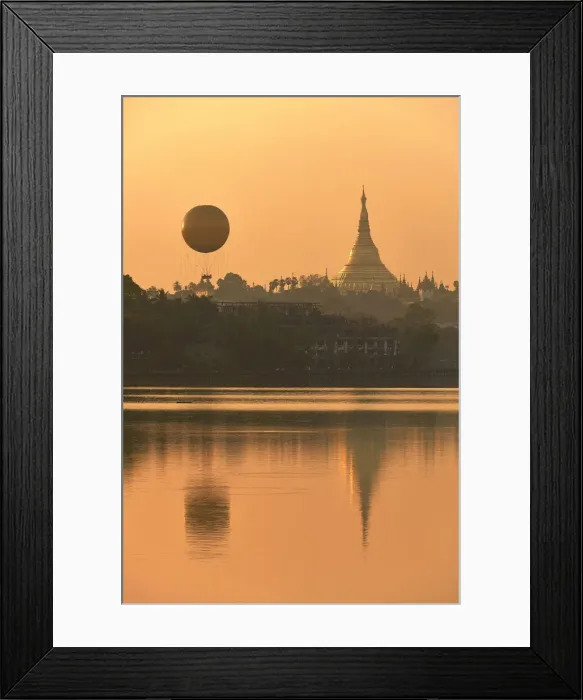 Framed Print : The golden stupa of the Shwedagon Pagoda and the Mingalarbar hot air baloon reflected in Framed Print : The golden stupa of the Shwedagon Pagoda and the Mingalarbar hot air baloon reflected in