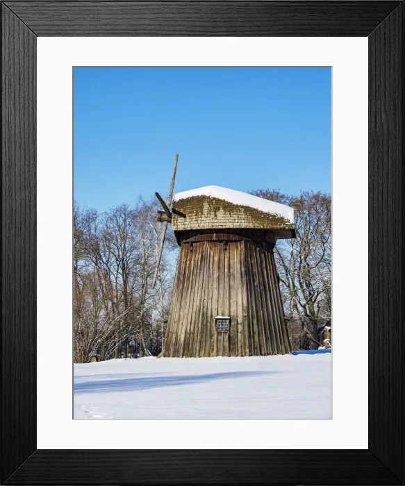 Framed Print : Wooden Windmill, Lublin Open Air Museum, winter, Lublin Voivodeship, Poland