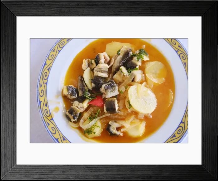 Framed Print : Eel stew (caldeirada de enguias), a delicacy. Carrasqueira, Comporta. Portugal Framed Print : Eel stew (caldeirada de enguias), a delicacy. Carrasqueira, Comporta. Portugal