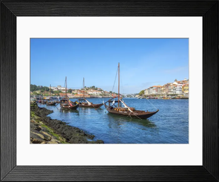 Framed Print : Rabelo boats with river Douro and Ribeira, Porto, Portugal Framed Print : Rabelo boats with river Douro and Ribeira, Porto, Portugal