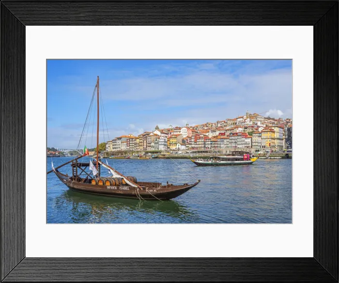 Framed Print : Rabelo boats with river Douro and Ribeira, Porto, Portugal Framed Print : Rabelo boats with river Douro and Ribeira, Porto, Portugal