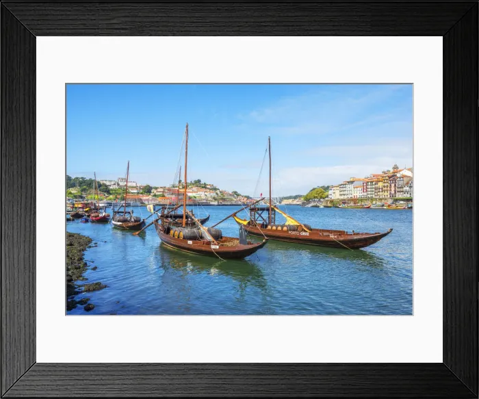 Framed Print : Rabelo boats with river Douro and Ribeira, Porto, Portugal