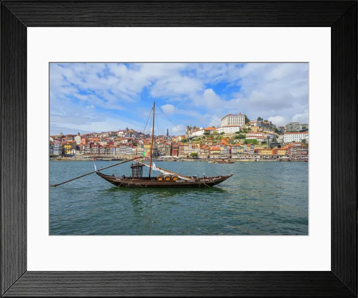 Framed Print : Rabelo boats in Porto with river Douro and bishops palace, Ribeira, Portugal Framed Print : Rabelo boats in Porto with river Douro and bishops palace, Ribeira, Portugal