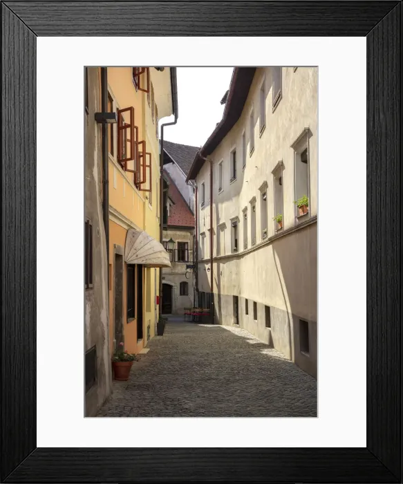 Framed Print : Cobble stone street and architecture, Skofja Loka, Upper Carniola, Slovenia Framed Print : Cobble stone street and architecture, Skofja Loka, Upper Carniola, Slovenia