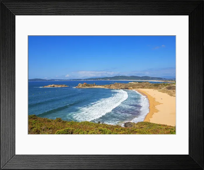 Framed Print : Praia A Lanzada with Ermida de Nosa Senora da Lanzada and Castro do Lanzada, Sanxenxo, Pontevedra, Galicia, Spain