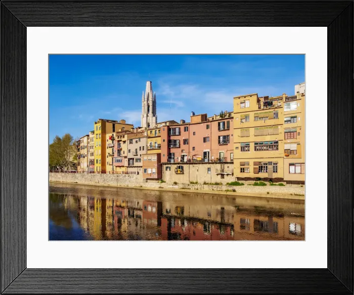 Framed Print : Colourful houses and Sant Feliu Basilica reflecting in the Onyar River, Girona or Gerona Framed Print : Colourful houses and Sant Feliu Basilica reflecting in the Onyar River, Girona or Gerona