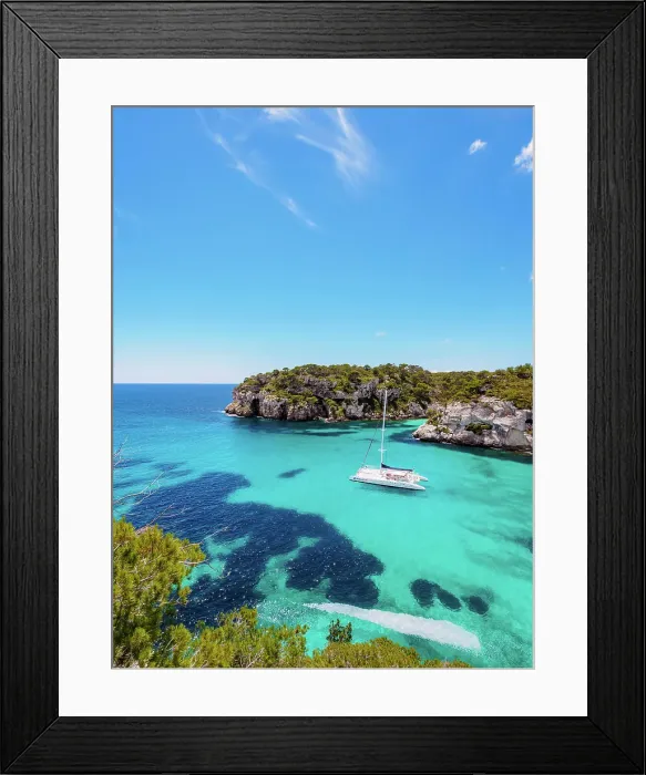 Framed Print : Catamaran in Cala Macarella, Macarella Bay, elevated view, Menorca or Minorca Framed Print : Catamaran in Cala Macarella, Macarella Bay, elevated view, Menorca or Minorca