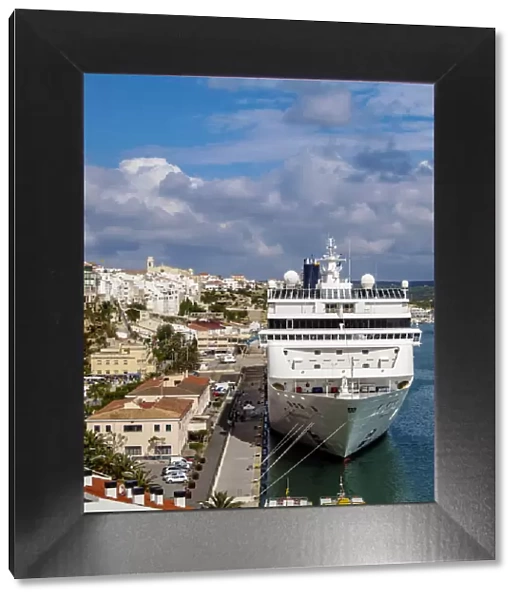 Cruise ship in port, Mahon or Mao, elevated view, Menorca or Minorca, Balearic Islands