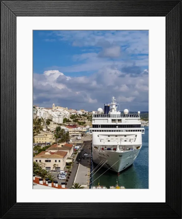 Framed Print : Cruise ship in port, Mahon or Mao, elevated view, Menorca or Minorca, Balearic Islands Framed Print : Cruise ship in port, Mahon or Mao, elevated view, Menorca or Minorca, Balearic Islands