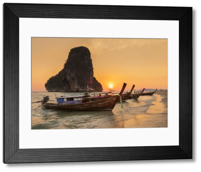 Framed Print : Longtail boats on Phra Nang Beach at sunset, Railay Peninsula, Krabi Provonce, Thailand Framed Print : Longtail boats on Phra Nang Beach at sunset, Railay Peninsula, Krabi Provonce, Thailand