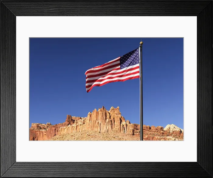 Framed Print : American flag and Waterpocket Fold rock formation, Capitol Reef National Park, Utah, USA Framed Print : American flag and Waterpocket Fold rock formation, Capitol Reef National Park, Utah, USA