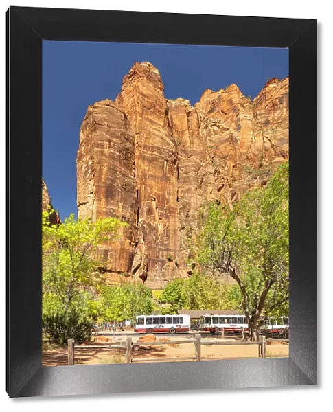Tourist bus at Temple of Sinawawa, Zion National Park, Colorado Plateau, Utah, USA