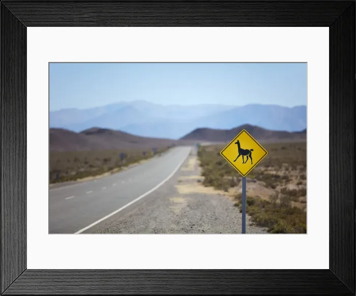 Framed Print : A road sign displaying a llama camelid on the Route 33 to Cachi, Salta province Framed Print : A road sign displaying a llama camelid on the Route 33 to Cachi, Salta province
