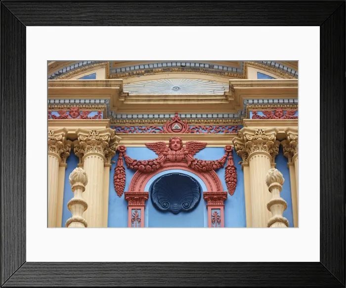 Framed Print : A colourful detail on the main facade of the Nuestra Senora de la Candelaria de la Vina church, Salta, Argentina. The church has a mixed architectural style: Baroque and Italianate Framed Print : A colourful detail on the main facade of the Nuestra Senora de la Candelaria de la Vina church, Salta, Argentina. The church has a mixed architectural style: Baroque and Italianate