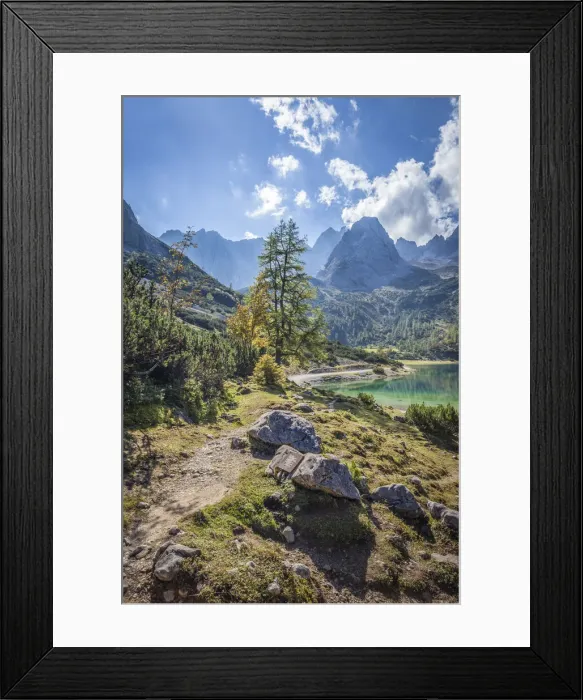Framed Print : Path to Seebensee in the Gaistal with a view of the Rauher Kopf, Ehrwald in Tirol, Tyrol Framed Print : Path to Seebensee in the Gaistal with a view of the Rauher Kopf, Ehrwald in Tirol, Tyrol