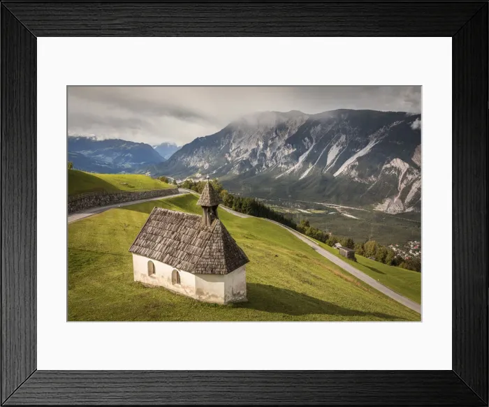Framed Print : House chapel in Haimingerberg with a view of the Inn Valley, Tyrol, Austria Framed Print : House chapel in Haimingerberg with a view of the Inn Valley, Tyrol, Austria