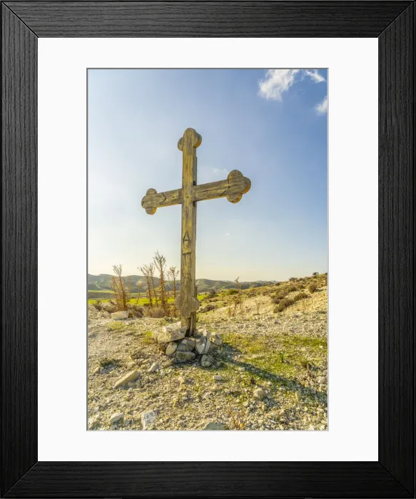 Framed Print : A wooden crucifix overlooking Kellia, Larnaca District, Cyprus Framed Print : A wooden crucifix overlooking Kellia, Larnaca District, Cyprus
